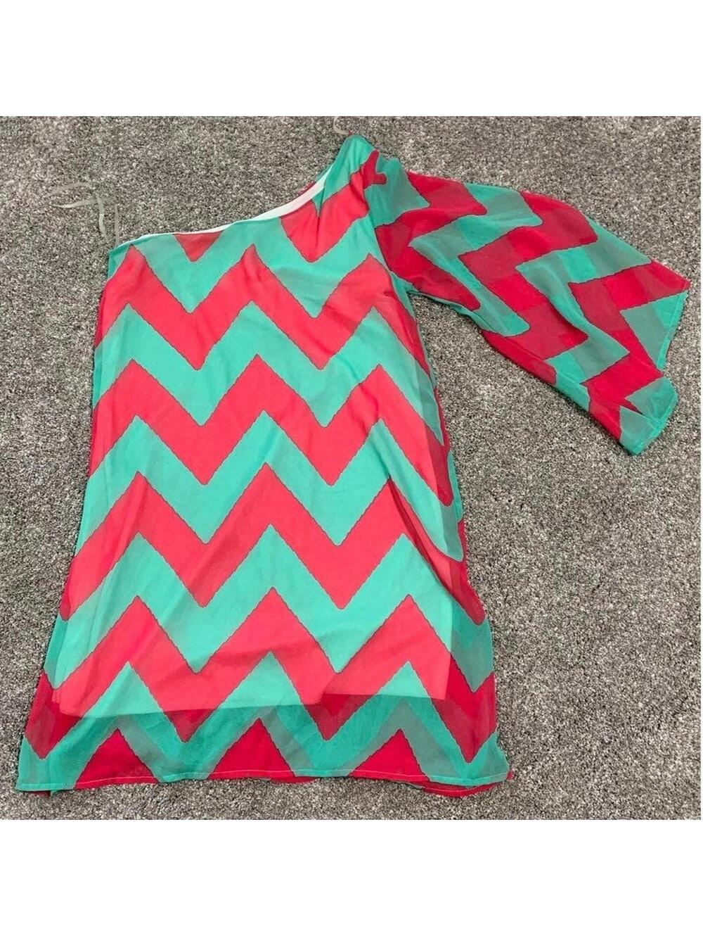 Auditions Boutique One Shoulder Pink Turquoise Chevron Dress size Small